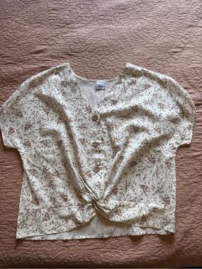 Cropped Tie-Front Floral Blouse - Cream with Brown Print